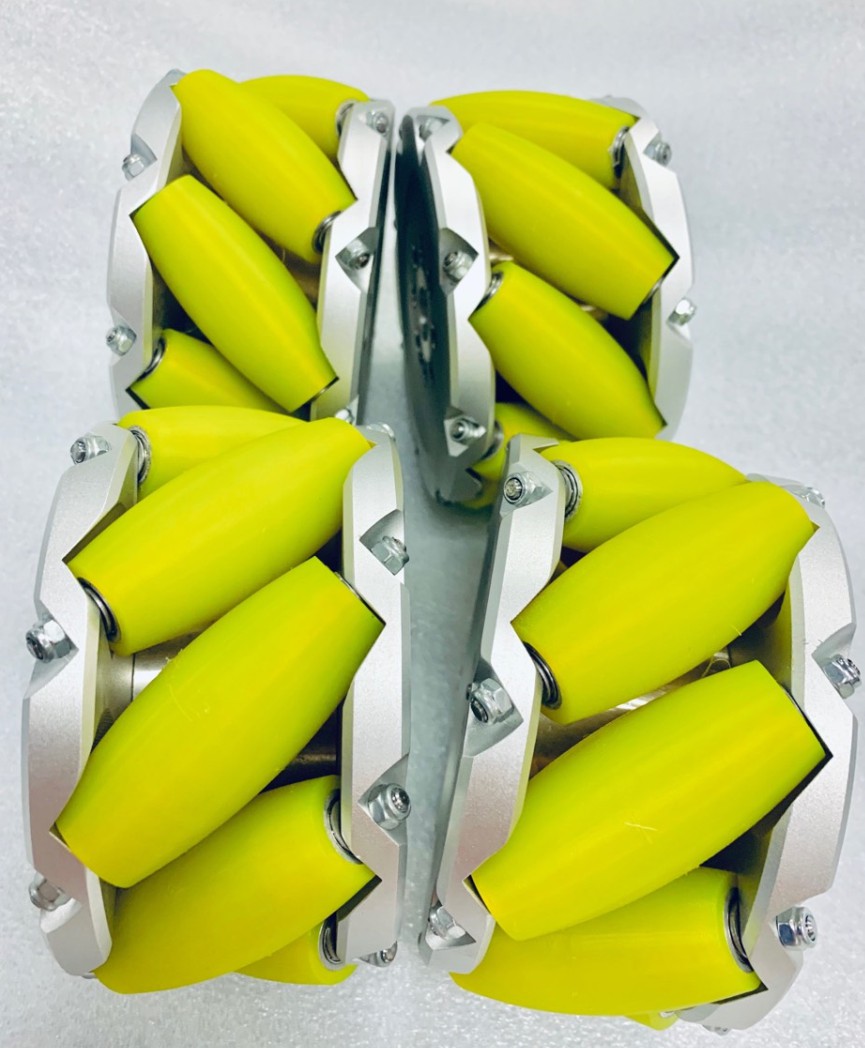 Complete NM127A four-wheel Mecanum wheel set with yellow polyurethane rollers