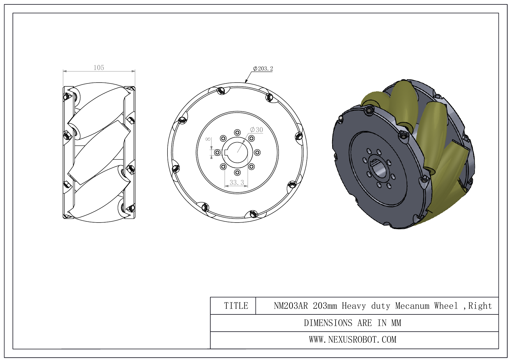 Rendered NM203AR 203 mm right-wheel engineering drawing